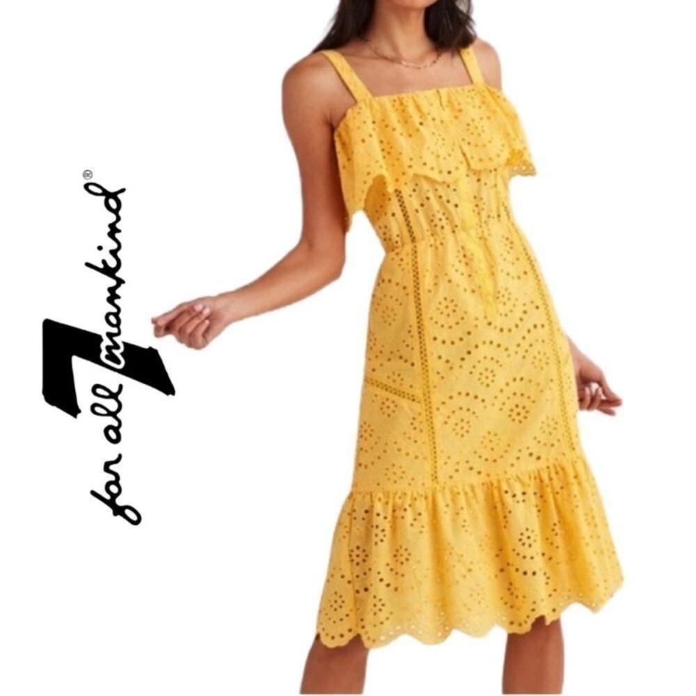 NWT 7 FOR ALL MANKIND Eyelet Lace Midi Sun Dress in Dandelion Yellow